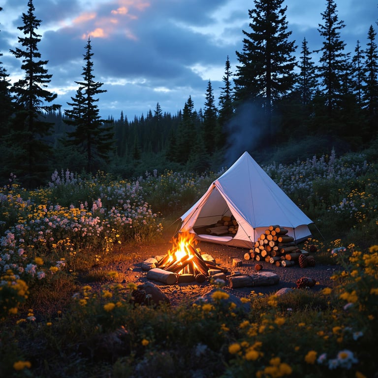 This cozy campsite sits in a meadow full of colorful wildflowers, surrounded by tall, whispering pine trees. The warm glow of a crackling campfire lights up a snug tent, creating a magical evening under the dreamy twilight sky. It feels like a perfect place for stories, laughter, and marshmallows.