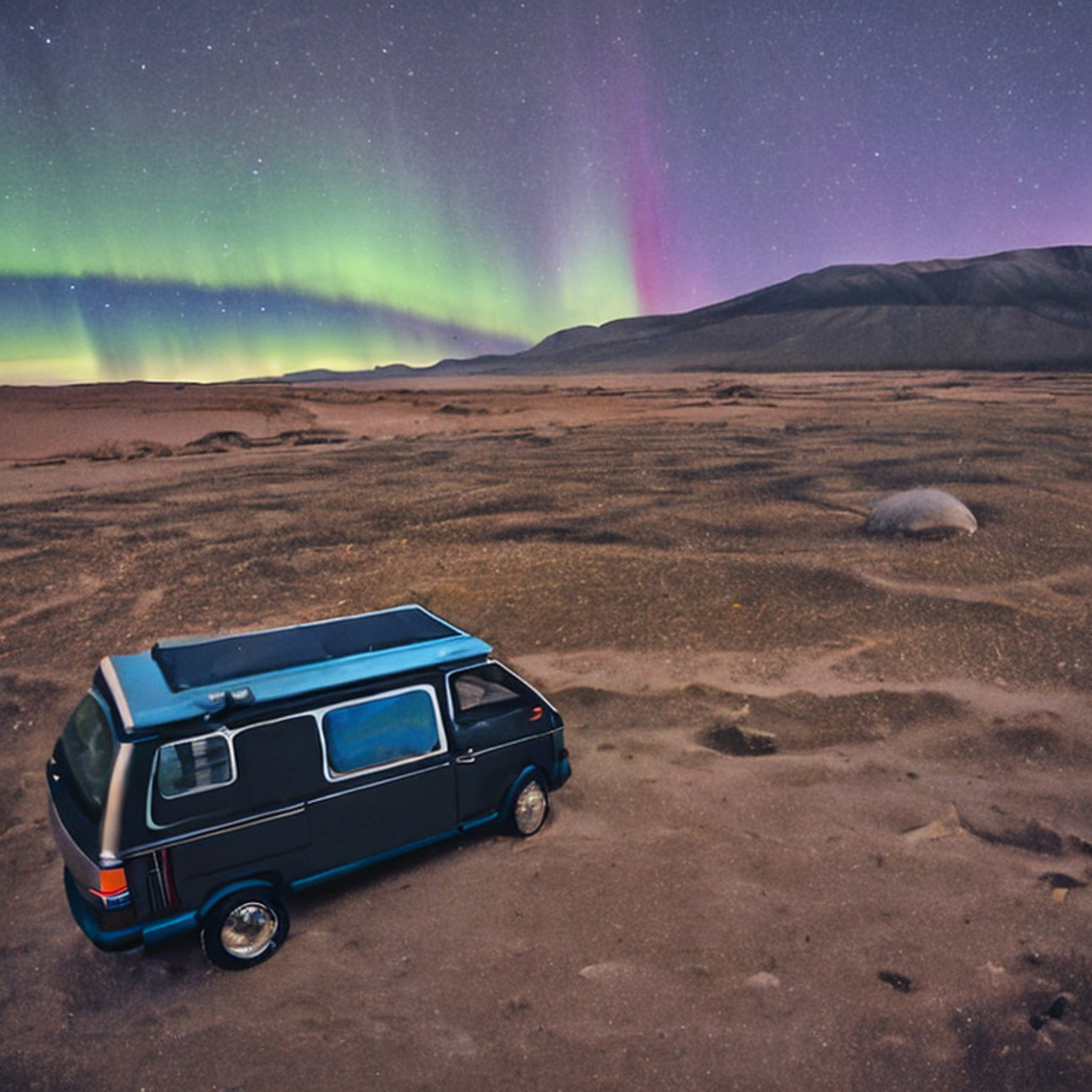 A black campervan rests beside a warm campfire on a rainy, rocky campsite. Tall sand dunes and berry-covered bushes surround the dirt clearing, while bright northern lights dance across the night sky.