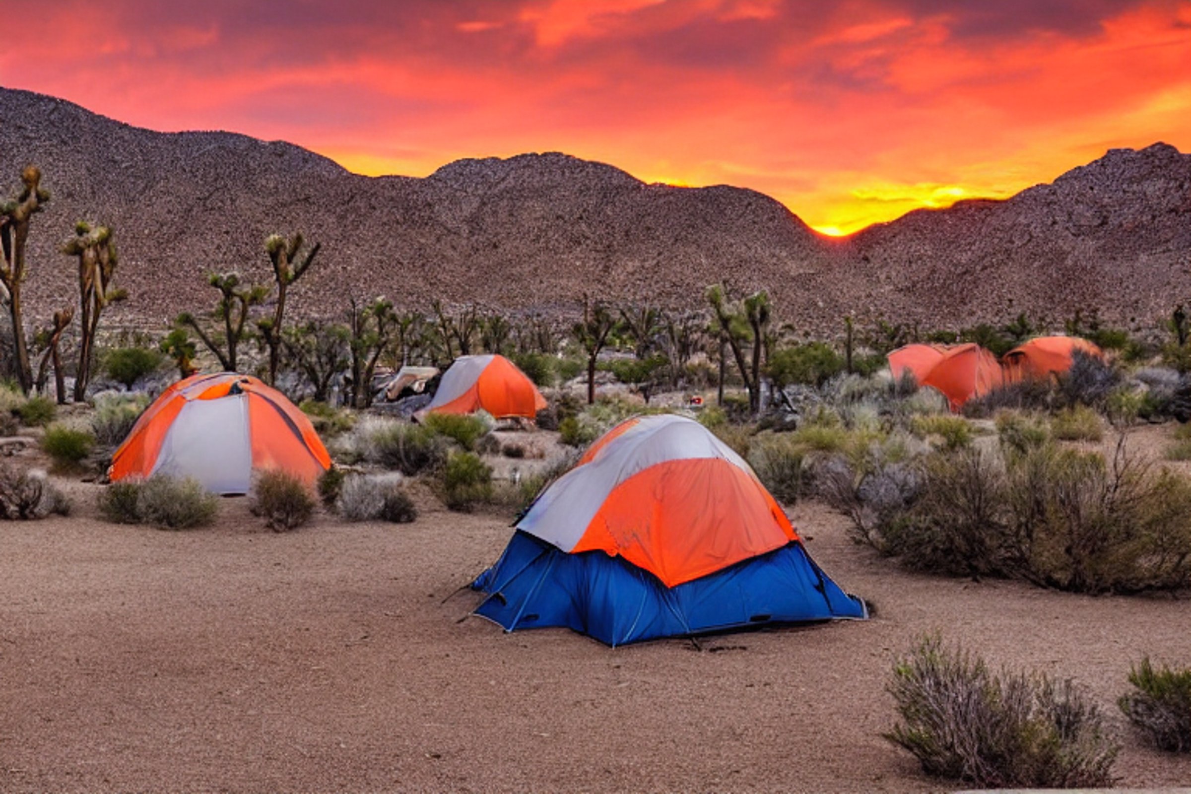 A gray and orange tent sits on a dirt clearing in Joshua Tree National Park. A warm campfire glows nearby, with clothes swaying on a small clothesline. Boulders and distant mountains stand beneath a cloudy sunset sky.