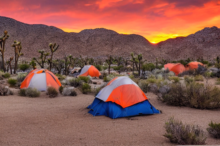 A gray and orange tent sits on a dirt clearing in Joshua Tree National Park. A warm campfire glows nearby, with clothes swaying on a small clothesline. Boulders and distant mountains stand beneath a cloudy sunset sky.