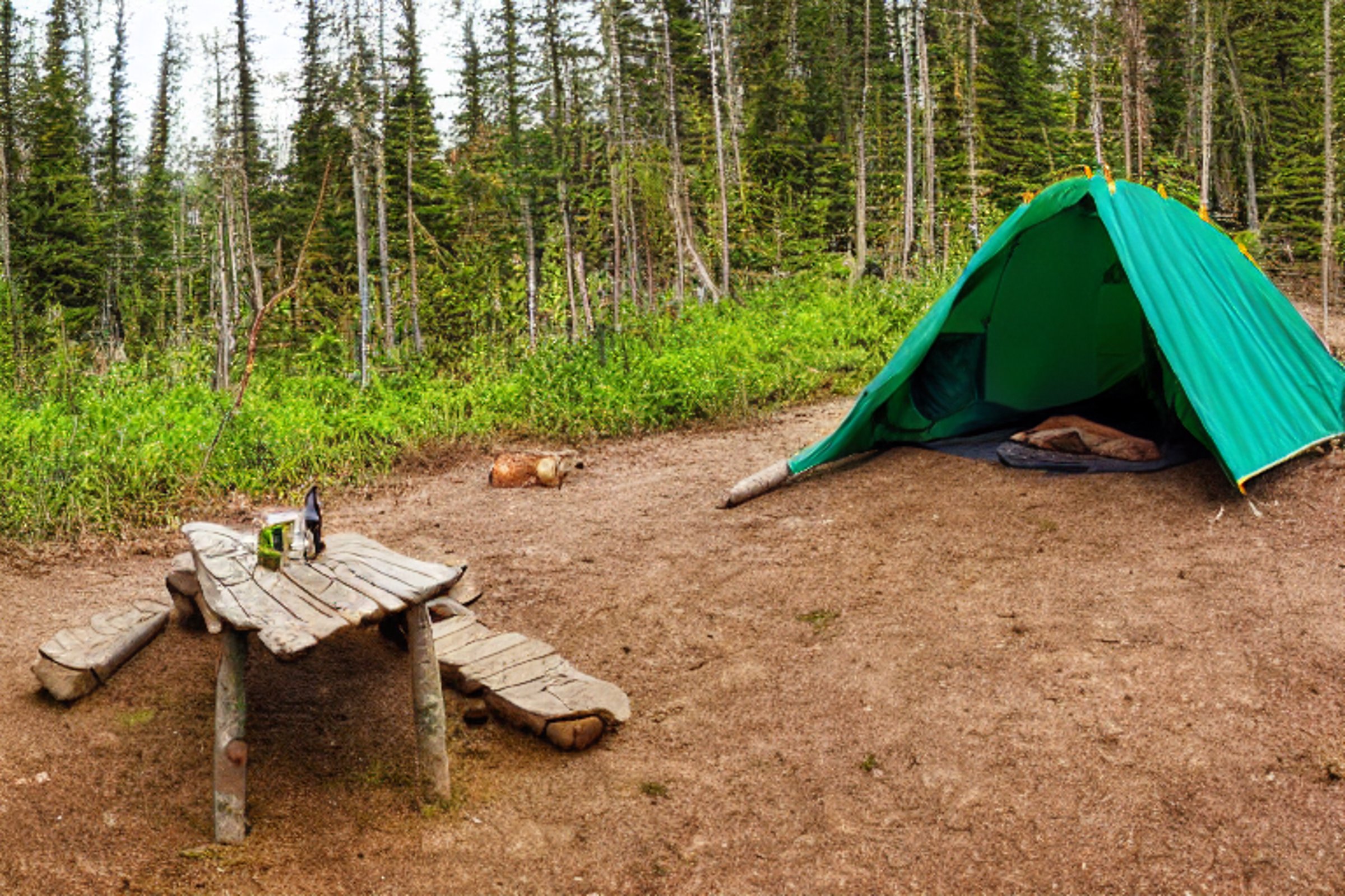 A green and tan tent rests beside a quiet lake under glowing northern lights. A warm campfire flickers near a picnic table, while fog drifts along the dirt path.