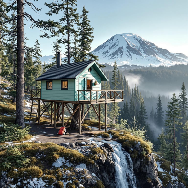 Nestled among tall, whispering trees, this cozy cabin stands high with a breathtaking view of a snow-capped mountain. The air is fresh and crisp, with a gentle waterfall nearby adding to the serenity. It's a perfect spot to feel close to nature and enjoy peaceful moments.
