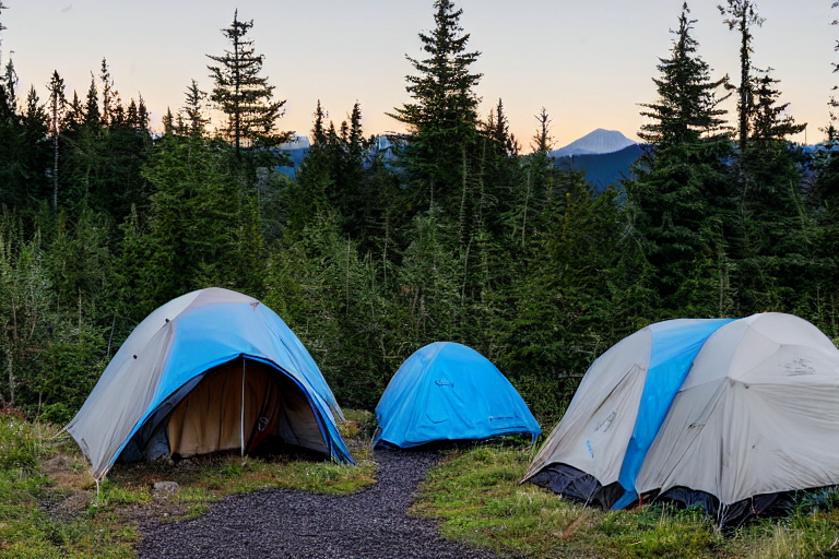 A gray and blue tent rests on a sunny dirt campsite surrounded by flowers, twigs, and gravel. Camping chairs sit nearby as warm golden light shines through the peaceful Vancouver Island setting.