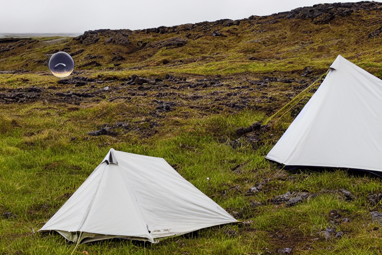 A small tent rests on a rough, rainy campsite in Iceland. Soft lantern light glows beside it, surrounded by wild grass, tiny flowers, and a patch of dirt under the dark night sky.
