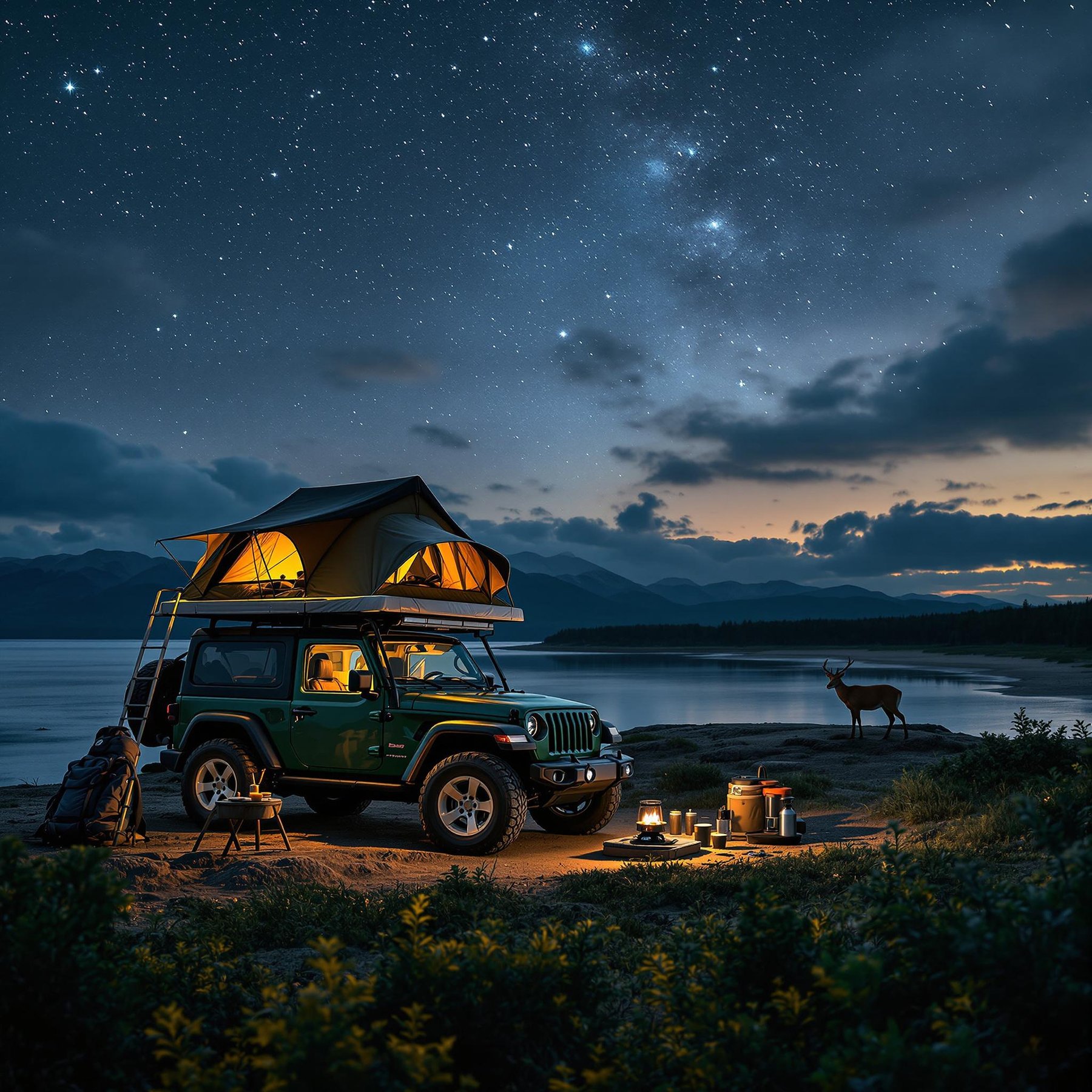 A cozy tent glows on top of a green jeep beside a peaceful lake, with a deer nearby and mountains in the background. The night sky sparkles with stars, creating a magical camping scene. Lanterns and camping gear make it feel warm and welcoming.