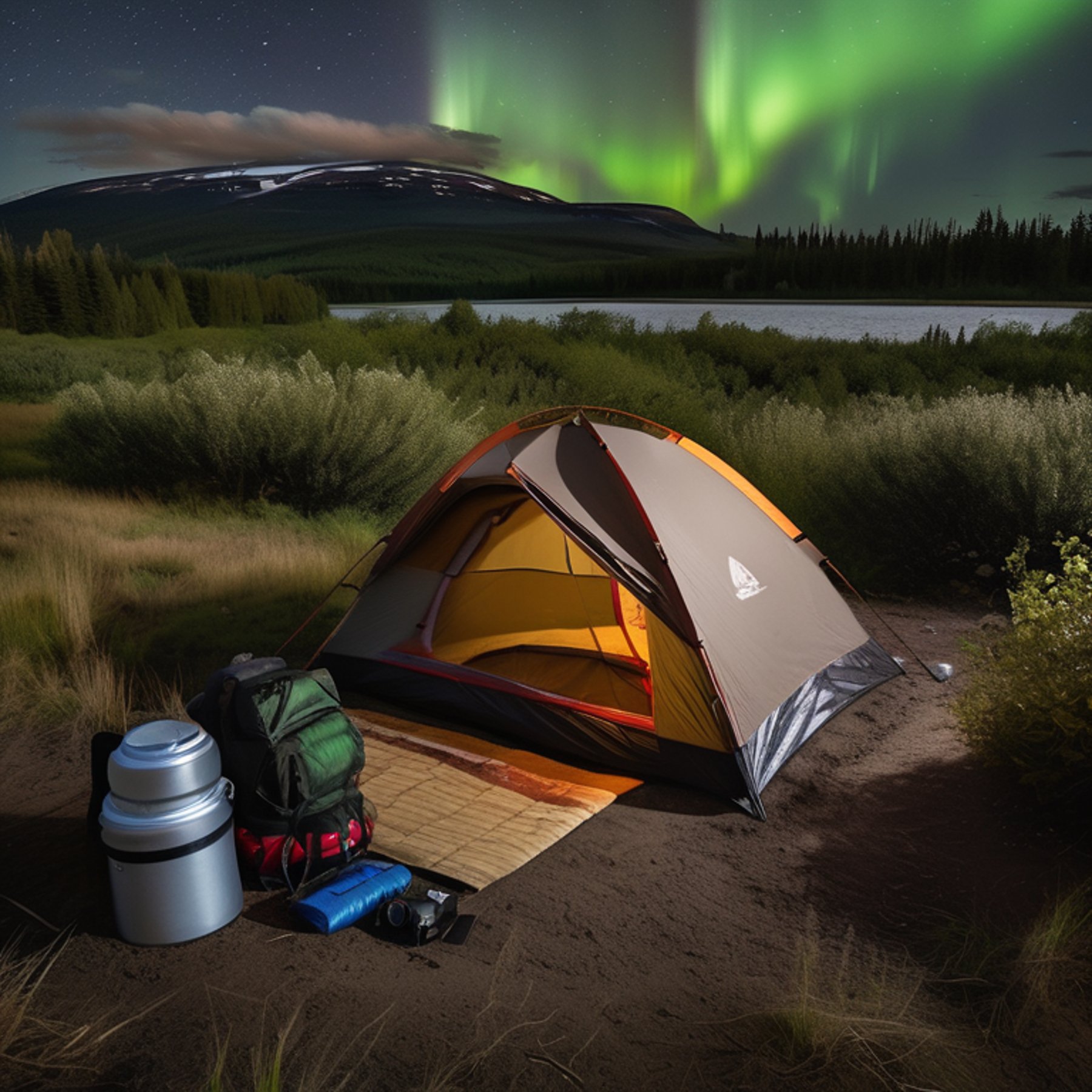 A cozy brown tent rests beside a quiet river on a rainy night. Green auroras glow above the small trees, while a backpack and camping gear sit nearby. A berry-covered bush adds a bright touch to the peaceful campsite.
