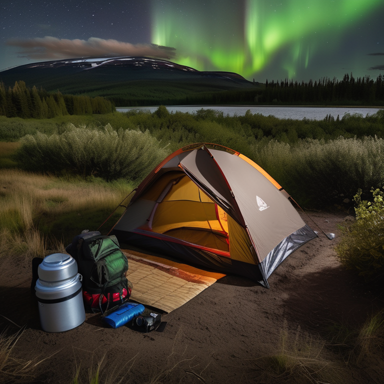 A cozy brown tent rests beside a quiet river on a rainy night. Green auroras glow above the small trees, while a backpack and camping gear sit nearby. A berry-covered bush adds a bright touch to the peaceful campsite.