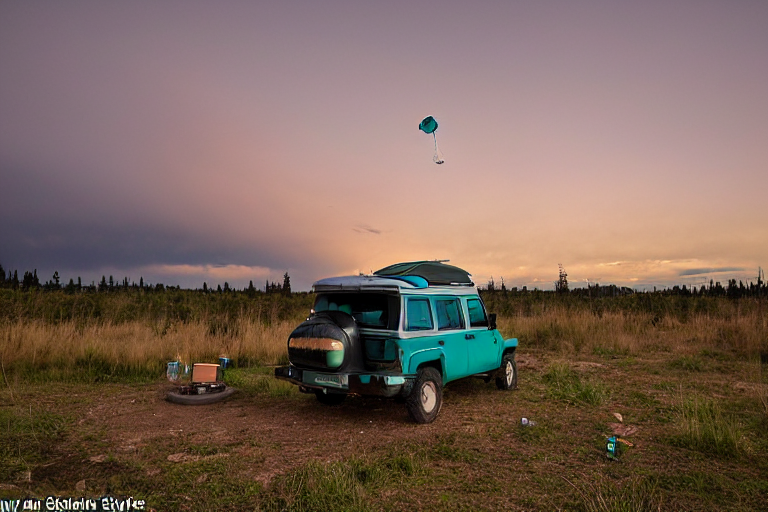 A teal Jeep with an open rooftop tent rests on a rough dirt patch on Vancouver Island. Tall grass sways around the campsite as stormy clouds fill the sky. A small lantern glows nearby, with a faint moon shining in the distance.