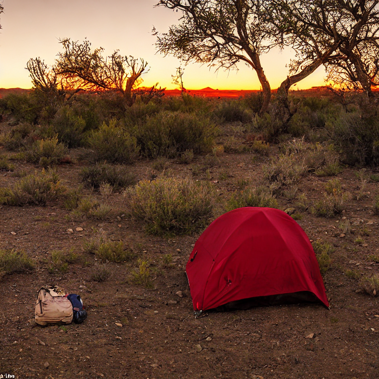 A bright red tent rests beside a paved campsite in the New Mexico desert. Small trees, berry bushes, and a picnic table surround the dusty ground, while a backpack sits nearby. Soft golden light shines through the rainy sky.