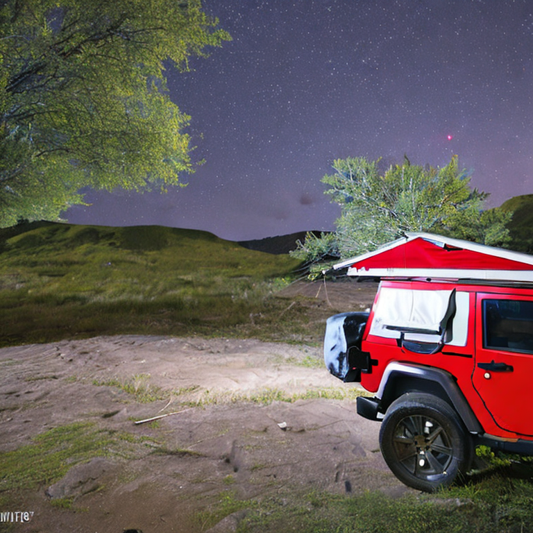 A red Jeep with its rooftop tent open rests on a dirt campsite in the Smoky Mountains. Tall grass, large stone slabs, and a starry night sky create a wild, peaceful setting.