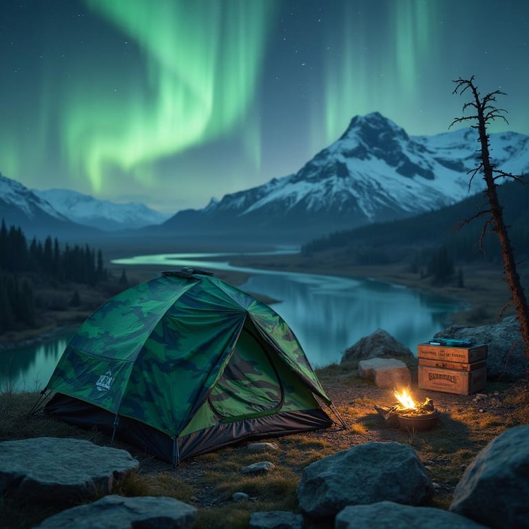 A green camo tent rests beside a rushing river beneath glowing northern lights. Snow swirls around the campsite, with mountain peaks, stone slabs, and camping gear nearby.