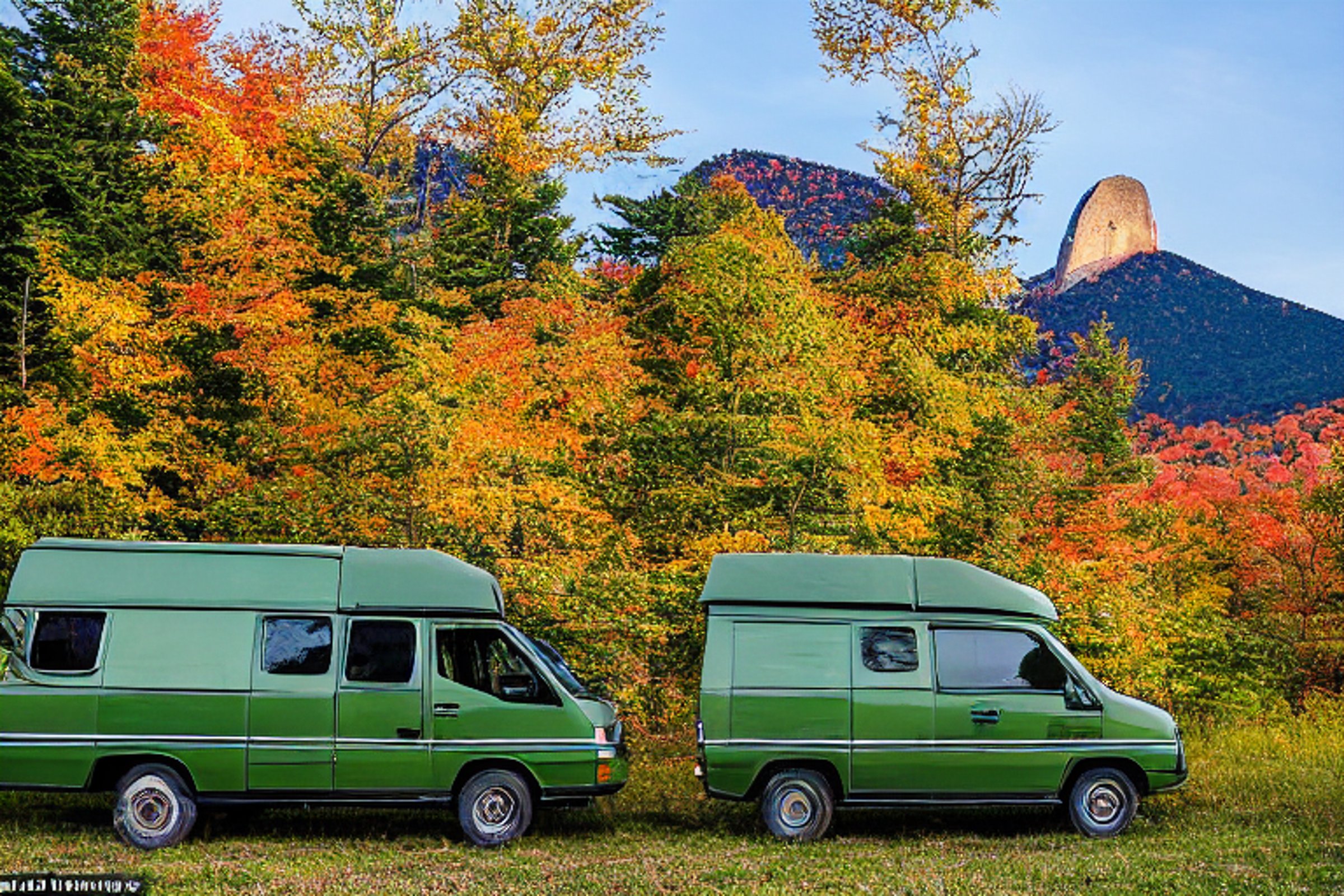 Two green camo vans rest at a quiet campsite in the Upstate New York mountains. Leaves cover the ground, while boulders and a small camping stove add a cozy outdoor feel. Above, the clear night sky shines over the peaceful scene.