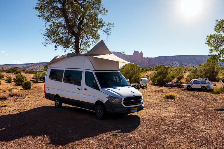 A cozy van rests at a paved campsite beneath the starry night sky of Capitol Reef. Boulders and patches of stone gravel surround the sandy ground, while clothes hang from a nearby line.