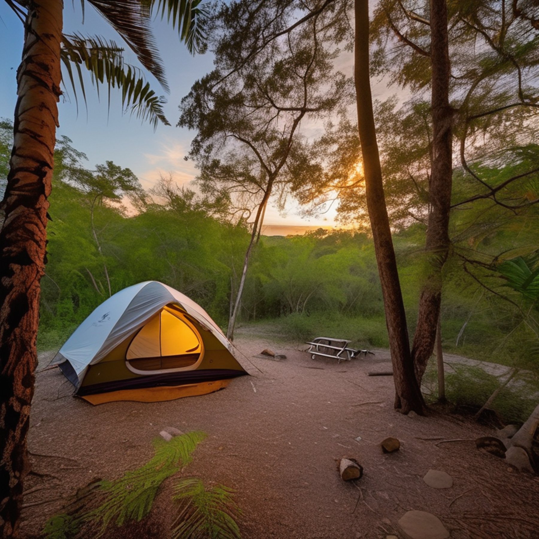 A colorful tent rests on a rocky clearing surrounded by ferns and fallen leaves. A warm campfire glows nearby as golden sunlight lights the mountains in the distance.