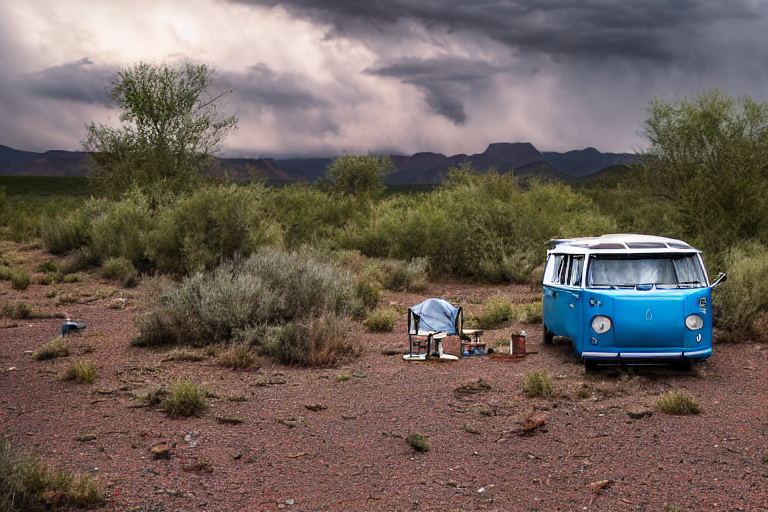A gray and blue campervan rests on a dirt patch in the New Mexico desert at stormy dusk. A guitar and backpack sit nearby, while mossy trees and a distant flashlight add a cozy, adventurous feel.