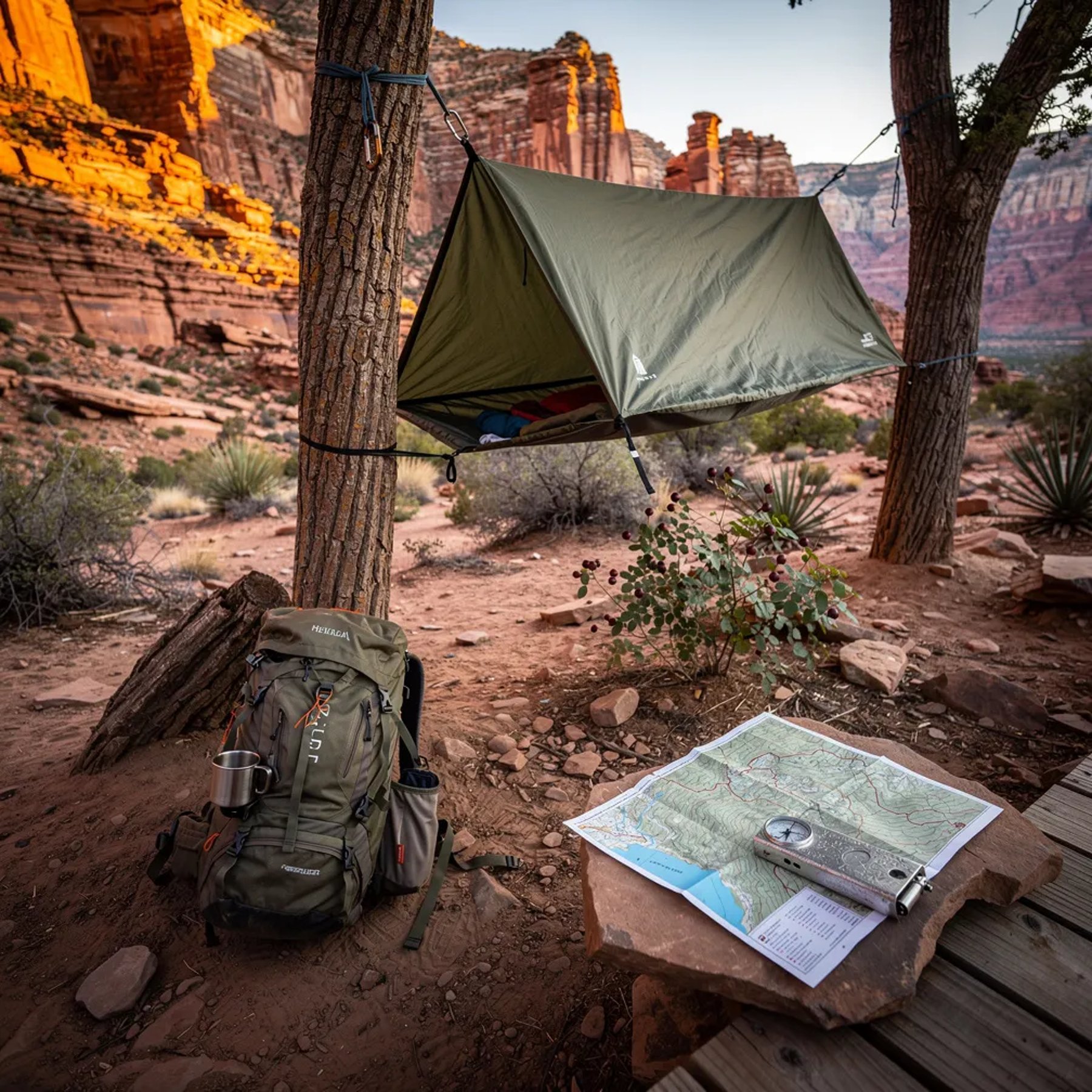 Warm sunset light washes over a dusty red rock canyon campsite, with scrub plants and scattered stones all around. An olive green tree tent hangs between two trees, swaying gently above the ground. Nearby, a backpack rests by a berry bush, and a compass sits on a folded map on a flat rock. The whole place feels quiet, wild, and ready for adventure.