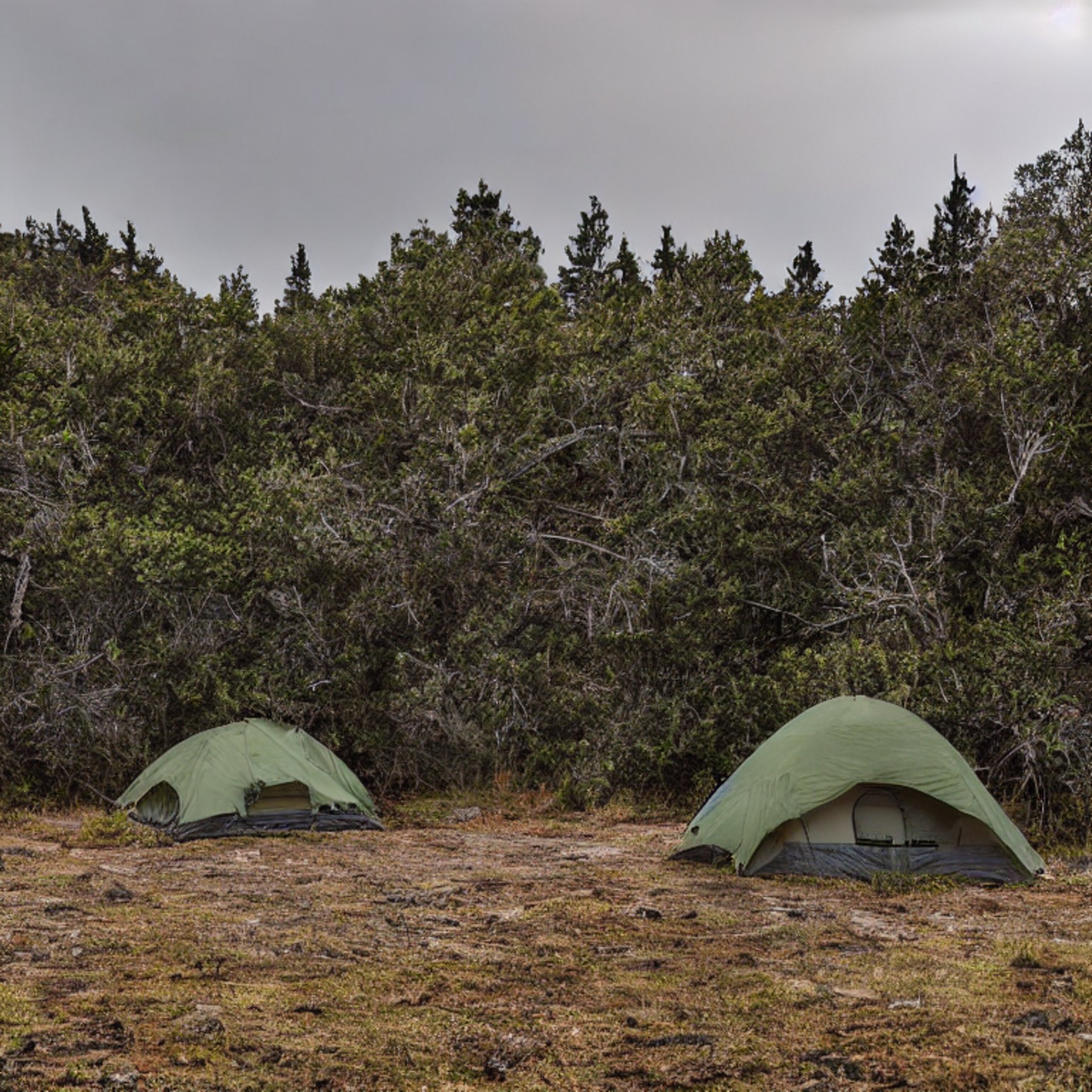 A green camo tent rests on a paved campsite beneath a dark, snowy sky. Small trees, fallen leaves, and stone gravel surround the dirt patch, while rolling hills fade into the night.