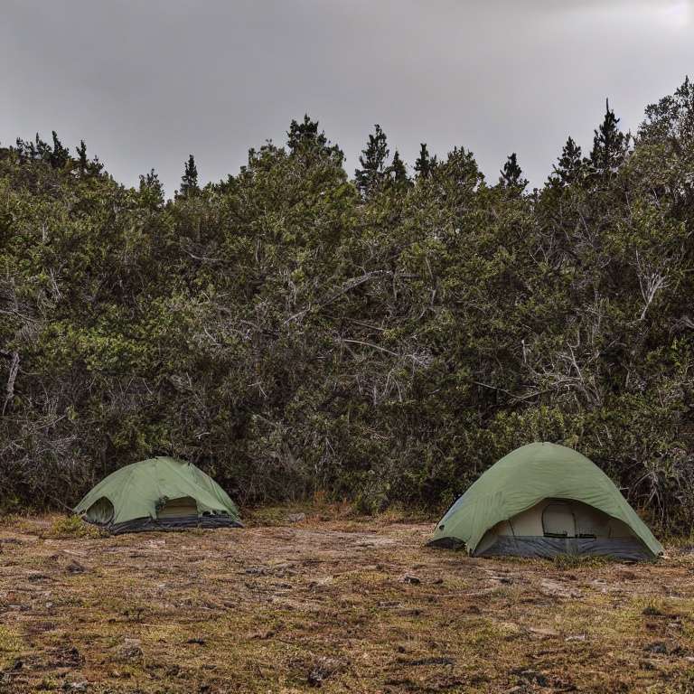 A green camo tent rests on a paved campsite beneath a dark, snowy sky. Small trees, fallen leaves, and stone gravel surround the dirt patch, while rolling hills fade into the night.