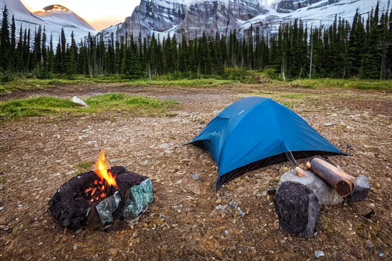 A cozy tent rests on a dirt clearing beside a glowing campfire. Mist drifts over the rocky ground as a backpack waits nearby, while bright green auroras ripple across the night sky.