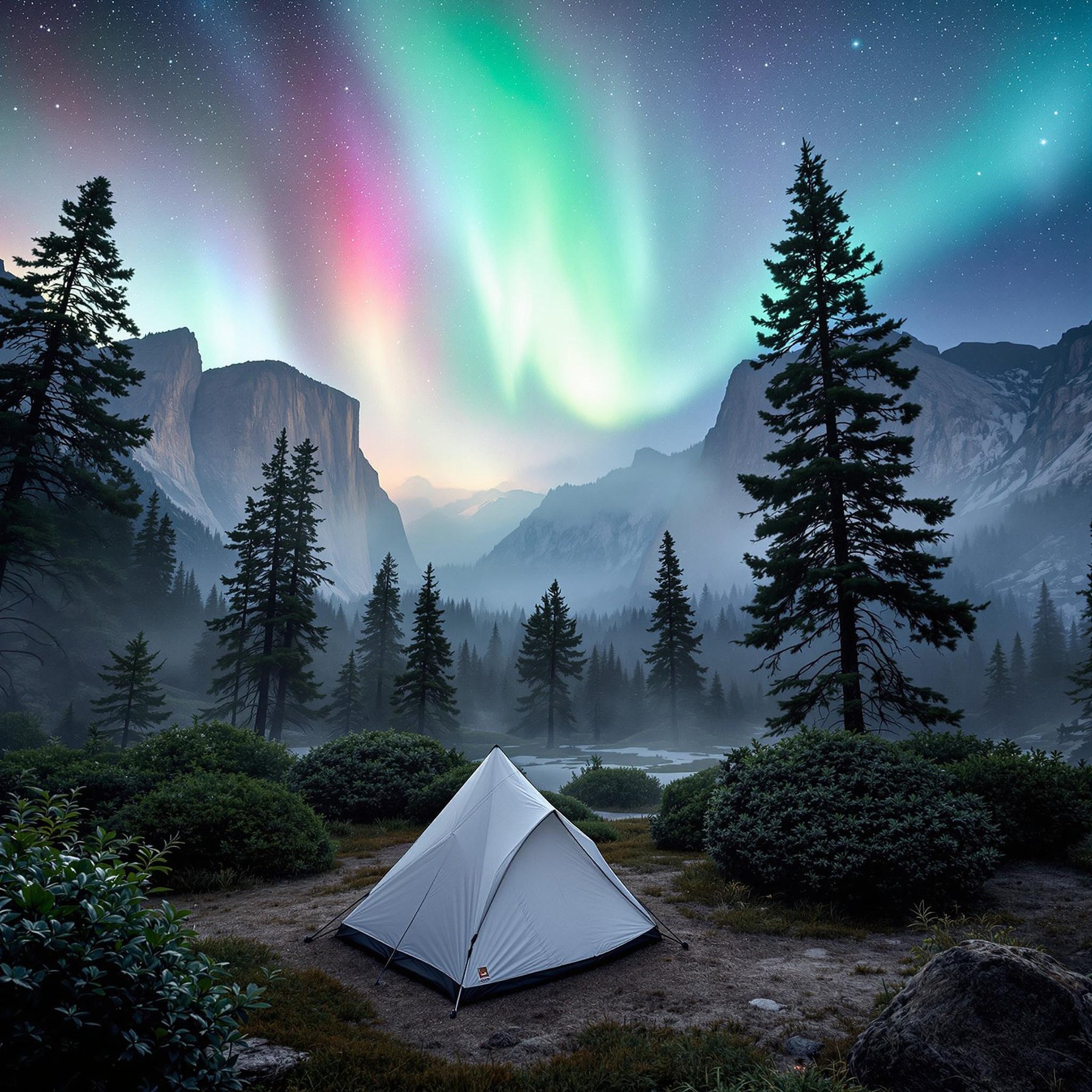 A cozy tent sits under tall pine trees, surrounded by mountains. Bright, colorful northern lights dance across the night sky. This campsite feels quiet, magical, and full of adventure.