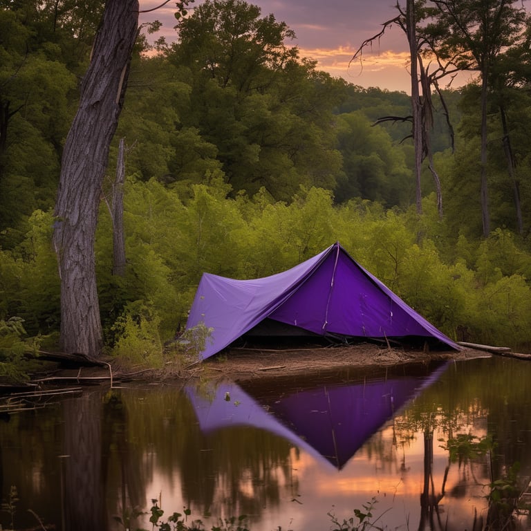 A purple tarp shelter rests among tall grass and berry bushes beside the water. Sunset clouds gather overhead, while the calm river reflects the campsite and trees. An axe stuck in a tree stump adds a rugged touch.