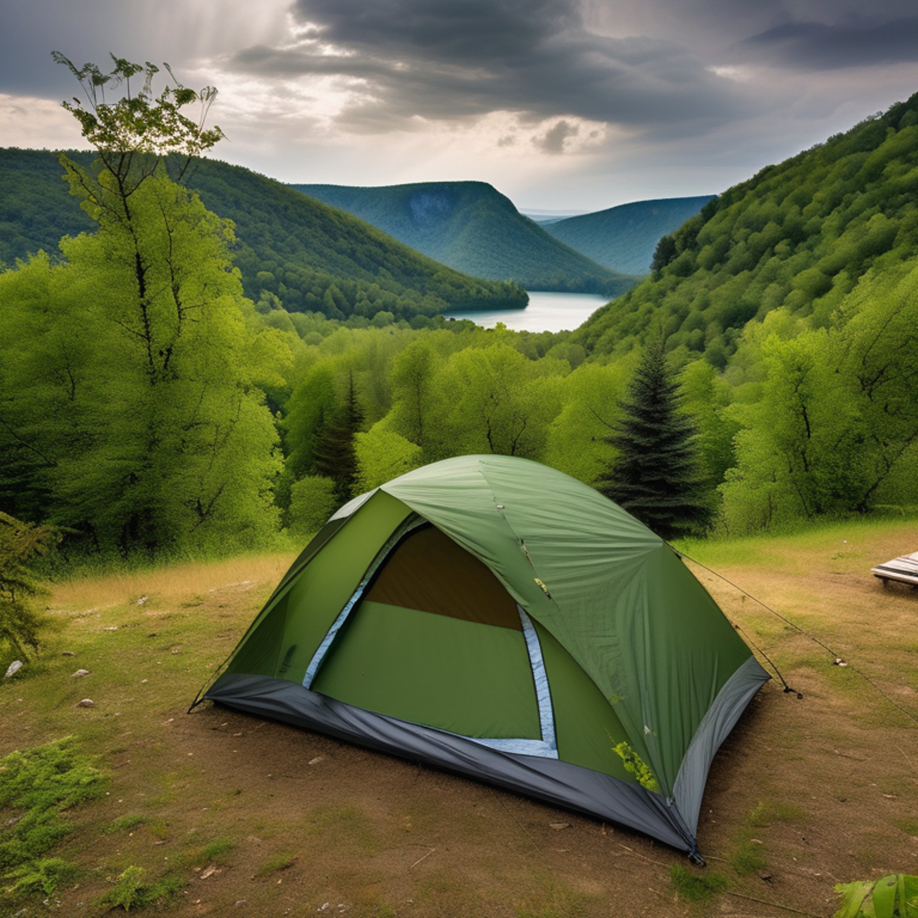 A green tent rests beside a small campfire in a quiet forest clearing. Tall trees, rocky ground, and rolling hills lead to a mountain under a cloudy sky.