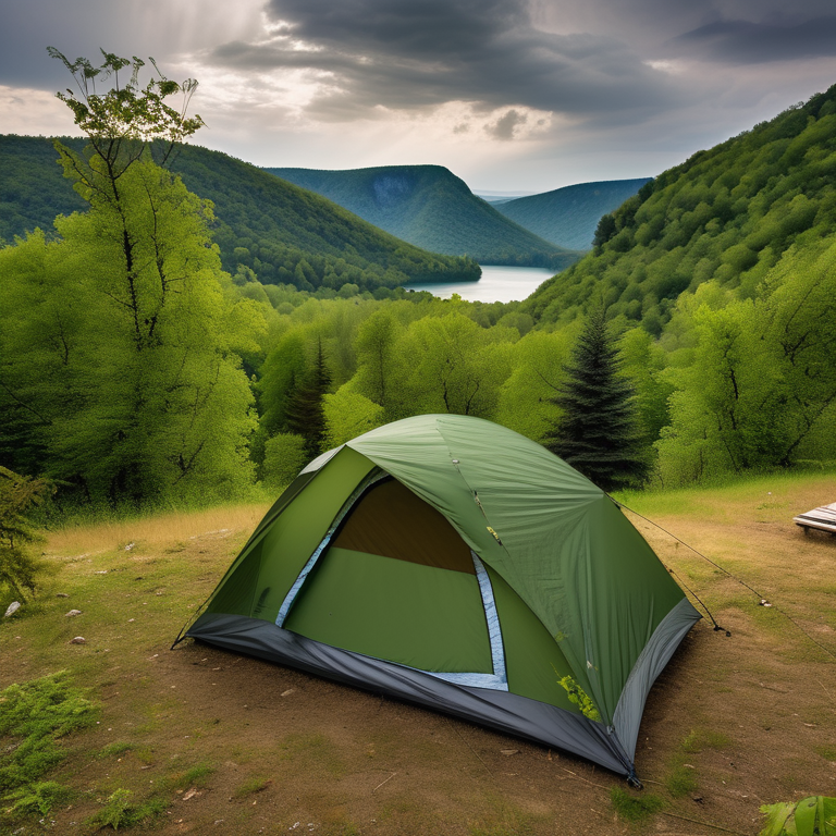 A green tent rests beside a small campfire in a quiet forest clearing. Tall trees, rocky ground, and rolling hills lead to a mountain under a cloudy sky.