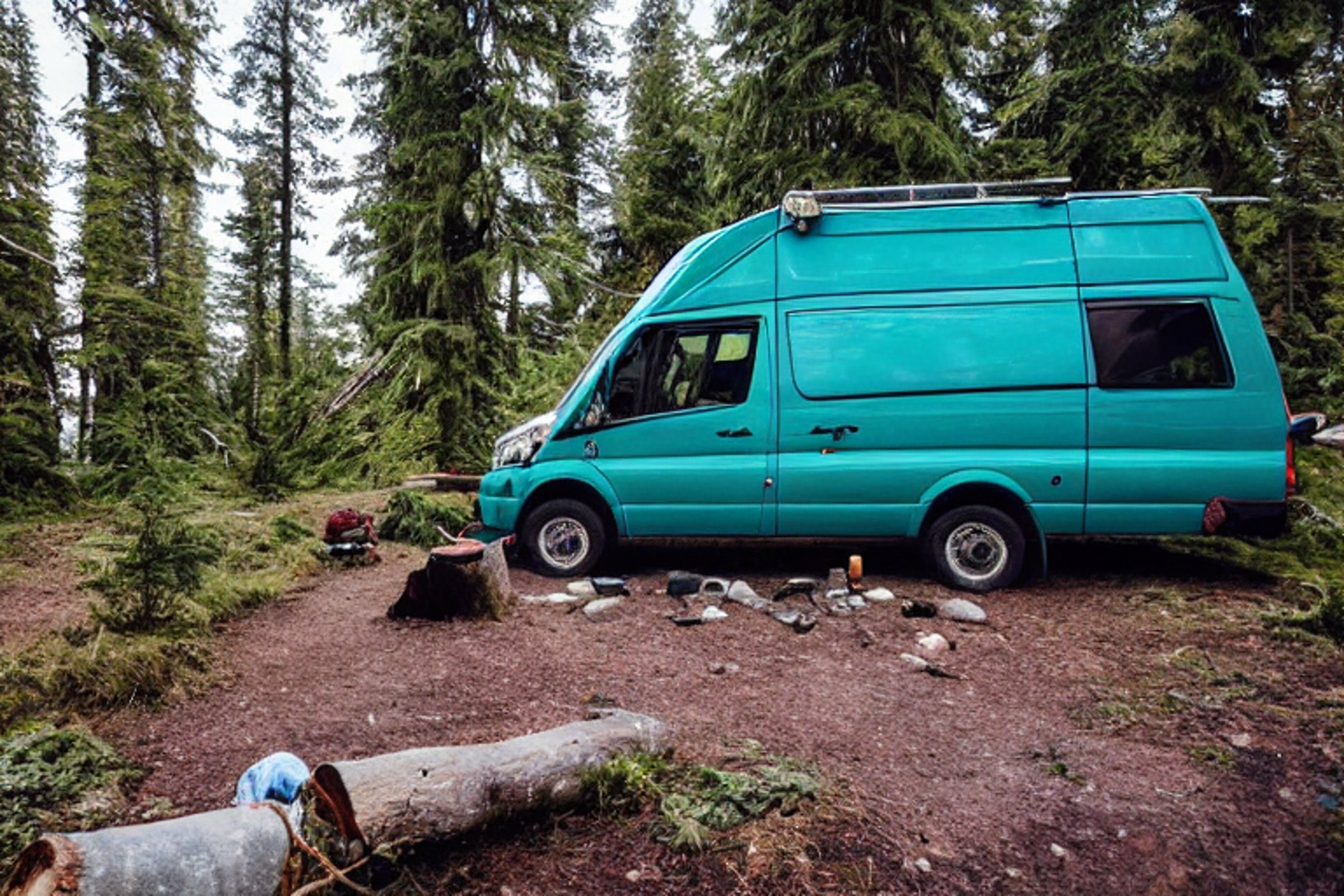 A teal camper van rests in a quiet, snowy forest on Vancouver Island. A small campfire sits among stones and logs, with a backpack nearby. Tall trees surround the peaceful dirt campsite.