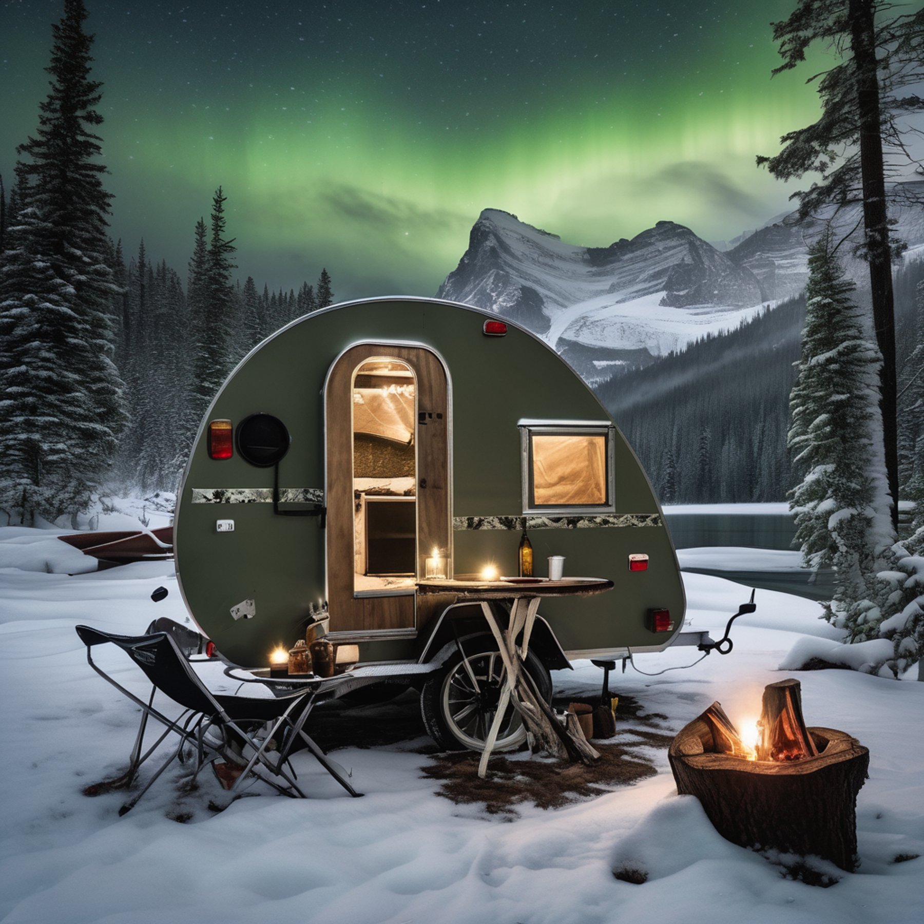 A green camo trailer rests in a snowy forest beneath a sky full of stars. Mist rises from the nearby river as mountains fade into the night. Camping chairs, a picnic table, and an axe in a tree stump make the quiet campsite feel ready for adventure.
