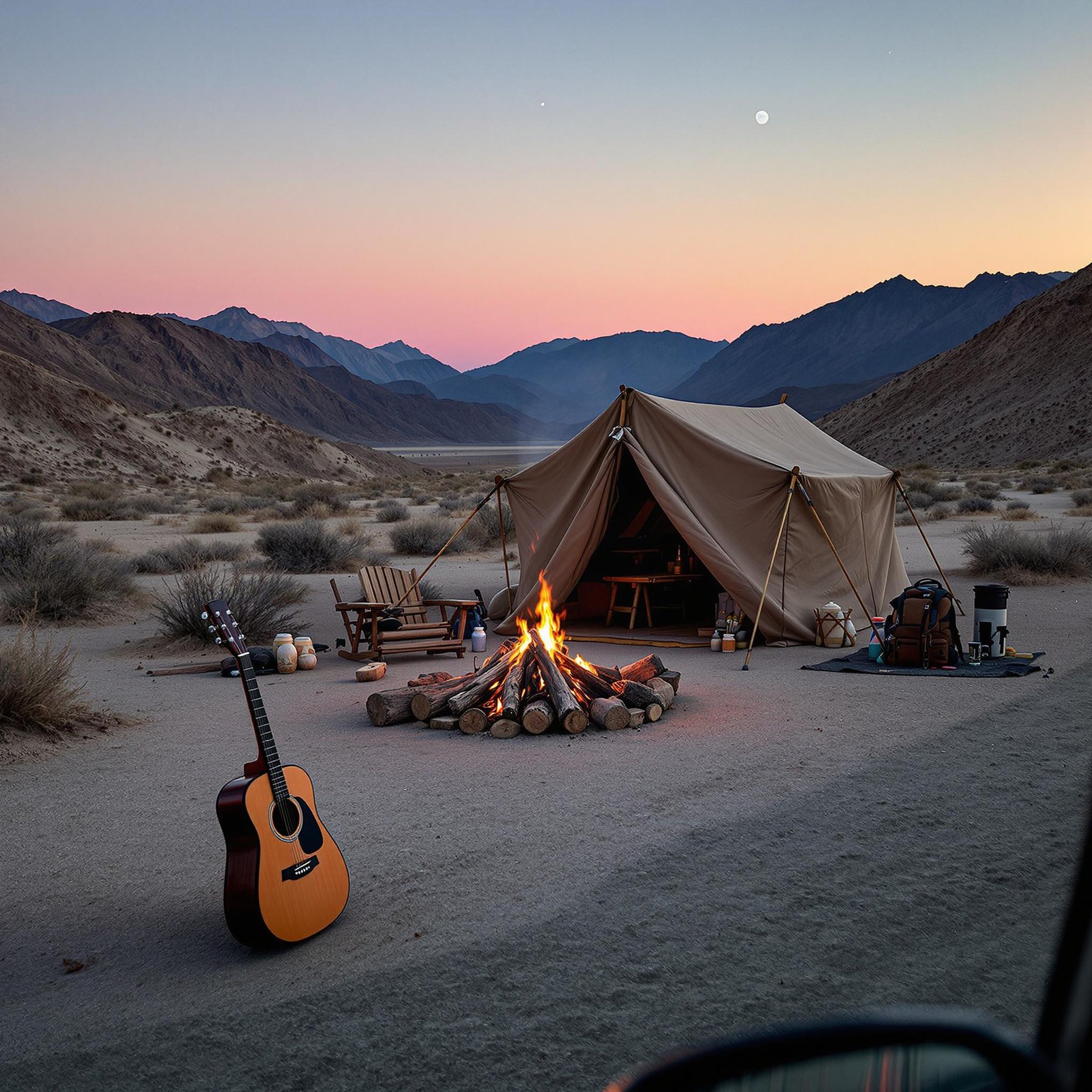 A cozy tent sits under a colorful sunset, surrounded by tall mountains and soft desert sands. The warm glow of a campfire invites stories and songs, with a guitar ready for tunes. It's a perfect spot for adventure and peaceful moments in nature.