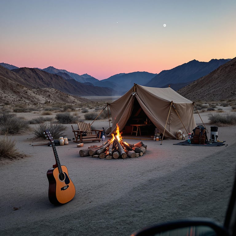 A cozy tent sits under a colorful sunset, surrounded by tall mountains and soft desert sands. The warm glow of a campfire invites stories and songs, with a guitar ready for tunes. It's a perfect spot for adventure and peaceful moments in nature.