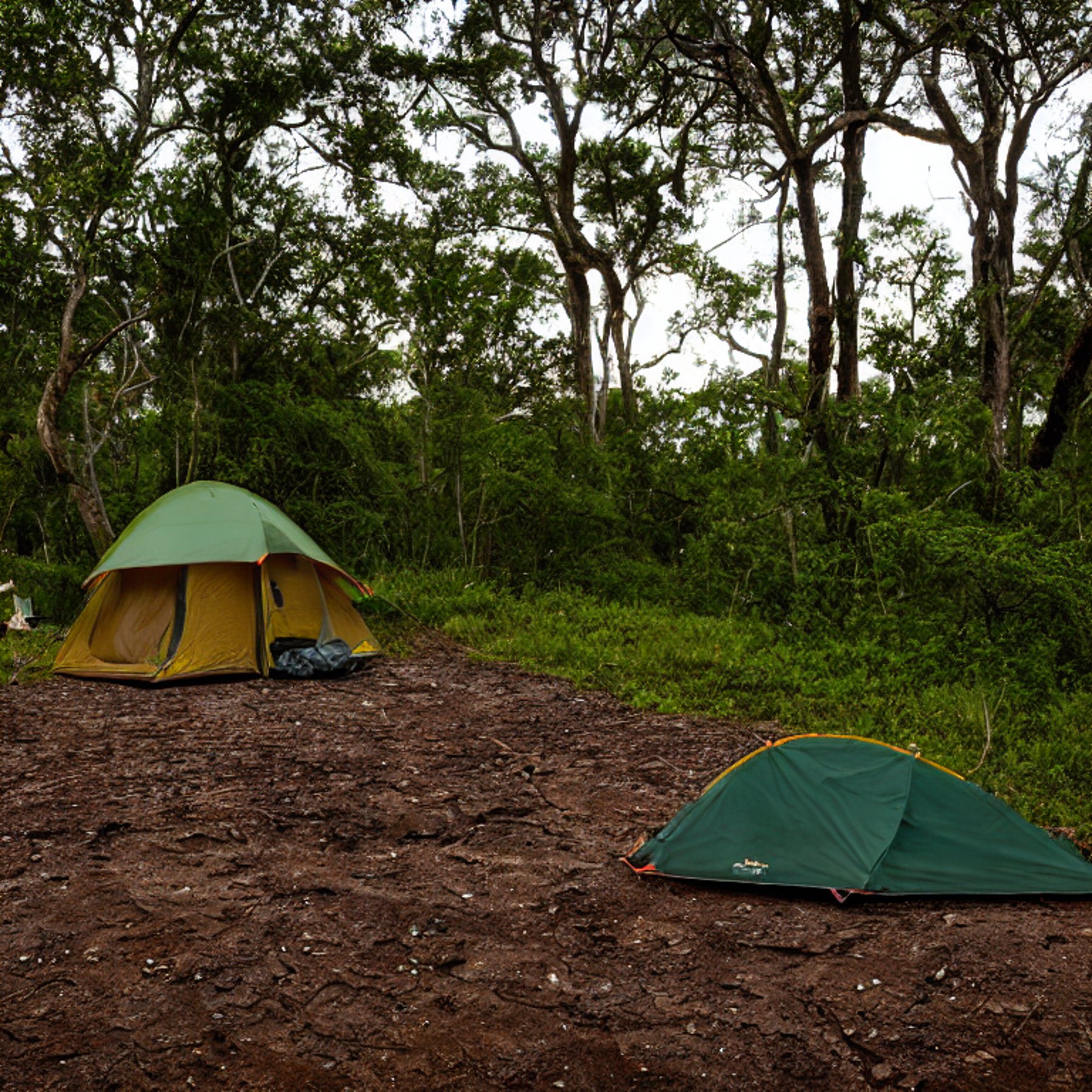 A forest-green tent rests on a rough dirt patch in Biscayne National Park. A warm campfire glows nearby as the sun sets beneath stormy clouds. Fallen leaves and a large rock add a wild, peaceful touch.