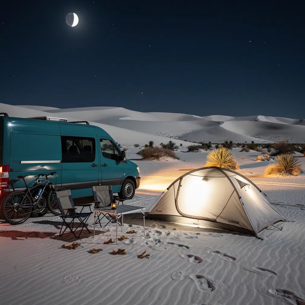 Under a soft crescent moon, white sand dunes roll out like gentle waves in the quiet desert night. A teal van and a small tent sit on the smooth sand, with warm lantern light glowing like a cozy fire. Two camp chairs and a little table wait nearby, and a bike leans against the van while stars sparkle above.