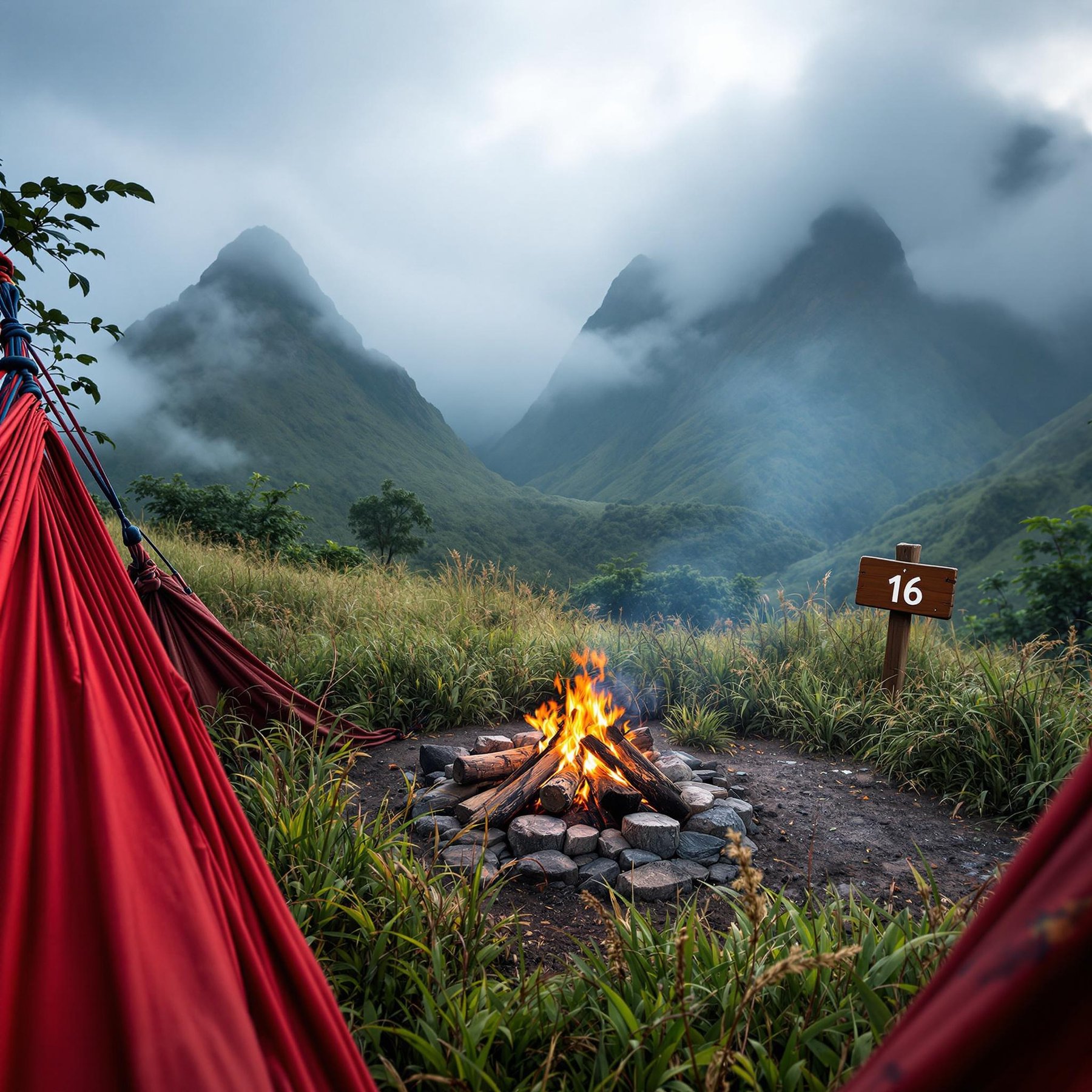 Cozy red hammocks sway gently beside a crackling campfire, nestled in a lush valley with misty green mountains towering above. The air is fresh and cool, perfect for roasting marshmallows and sharing stories under a cloudy sky. This peaceful spot at campsite 16 is an adventure in nature waiting to happen!