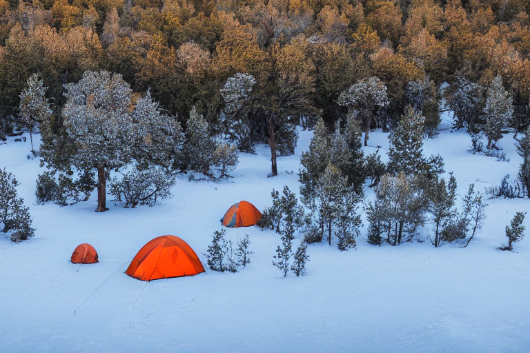 A gray and orange tent sits on a paved campsite beside a snowy dirt patch. Golden light shines through mossy trees, while birds and a pale moon fill the sky and a distant camper carries a flashlight.