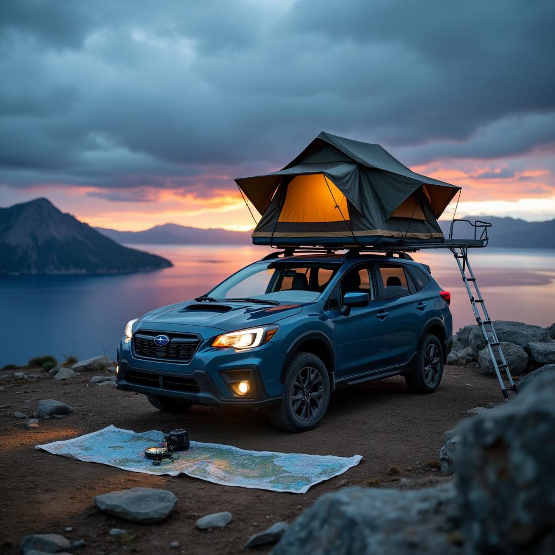 A colorful Subaru rests on a rocky campsite at Crater Lake beneath stormy skies. Its rooftop tent glows warmly, while stone slabs, a map, and a compass add a cozy sense of adventure.