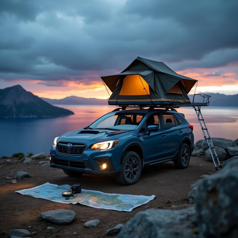 A colorful Subaru rests on a rocky campsite at Crater Lake beneath stormy skies. Its rooftop tent glows warmly, while stone slabs, a map, and a compass add a cozy sense of adventure.