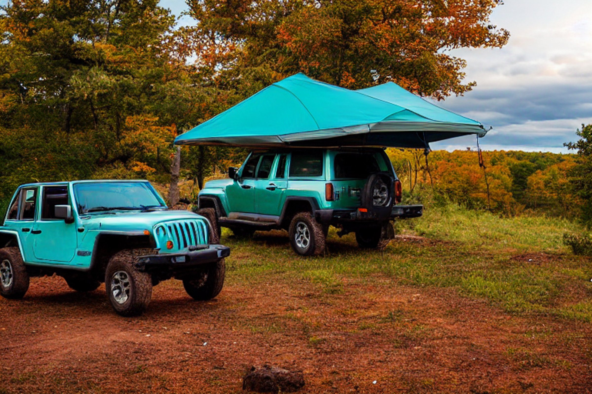 A teal Jeep with a rooftop tent rests at a quiet dirt campsite in the Ozarks. Large stone slabs and bright fall trees surround the camp, while chairs and a lantern wait nearby. Stormy clouds gather above the peaceful sunrise.