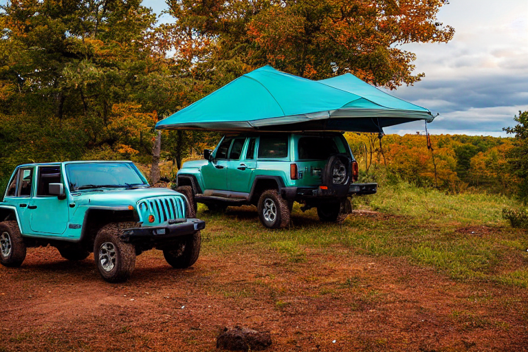 A teal Jeep with a rooftop tent rests at a quiet dirt campsite in the Ozarks. Large stone slabs and bright fall trees surround the camp, while chairs and a lantern wait nearby. Stormy clouds gather above the peaceful sunrise.