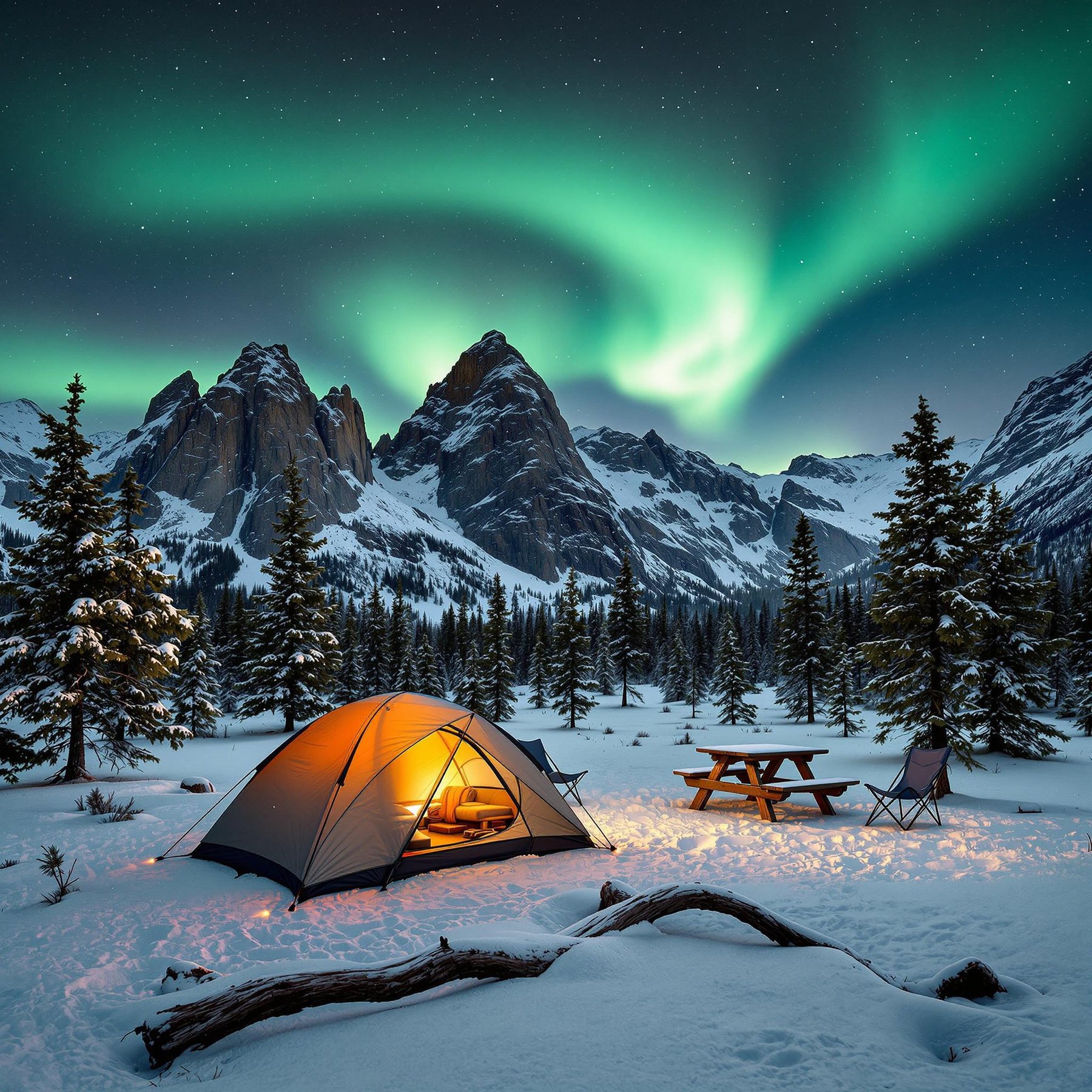 A gray and orange tent rests among small trees in Yosemite at night. A picnic table and camp chairs sit nearby as snow swirls around the peaceful campsite. Bright northern lights glow across the dark sky.