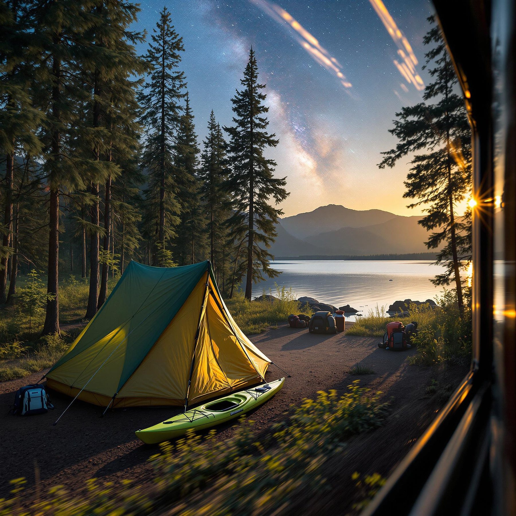 A green tarp shelter rests among the trees at twilight near the shore. A kayak and backpack sit nearby, with mountains rising in the distance. Stars begin to shine through the clear sky.