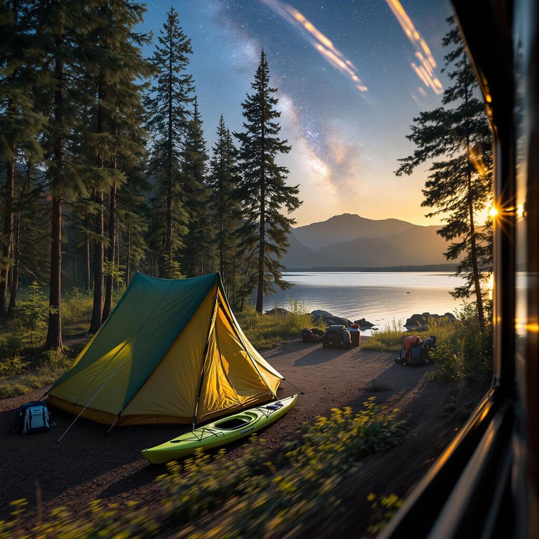 A green tarp shelter rests among the trees at twilight near the shore. A kayak and backpack sit nearby, with mountains rising in the distance. Stars begin to shine through the clear sky.