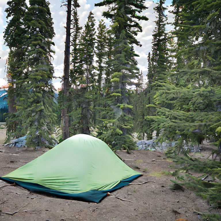 A forest-green tent rests on a rocky dirt clearing beneath tall trees in Banff National Park. Stones and a small twig lie scattered around the campsite, creating a quiet, peaceful night in the wild.