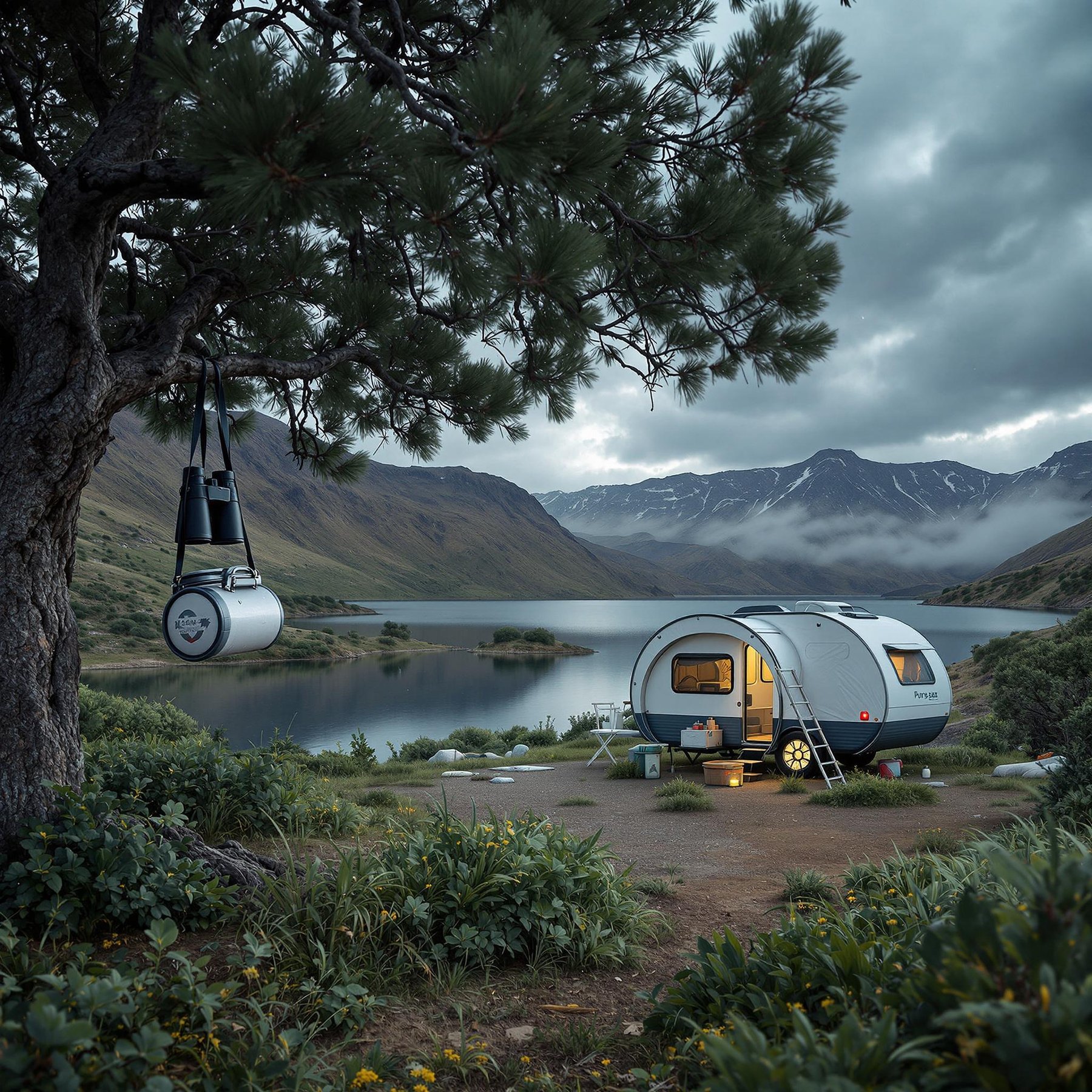 Nestled by a calm, misty lake, this cozy campsite features a charming trailer illuminated by the soft glow of lanterns. Towering mountains frame the scene, and lush greenery adds a peaceful touch. The atmosphere feels magical and serene, perfect for a night under the stars.
