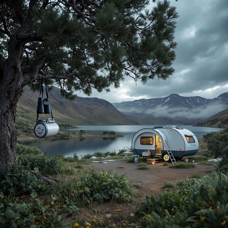 Nestled by a calm, misty lake, this cozy campsite features a charming trailer illuminated by the soft glow of lanterns. Towering mountains frame the scene, and lush greenery adds a peaceful touch. The atmosphere feels magical and serene, perfect for a night under the stars.