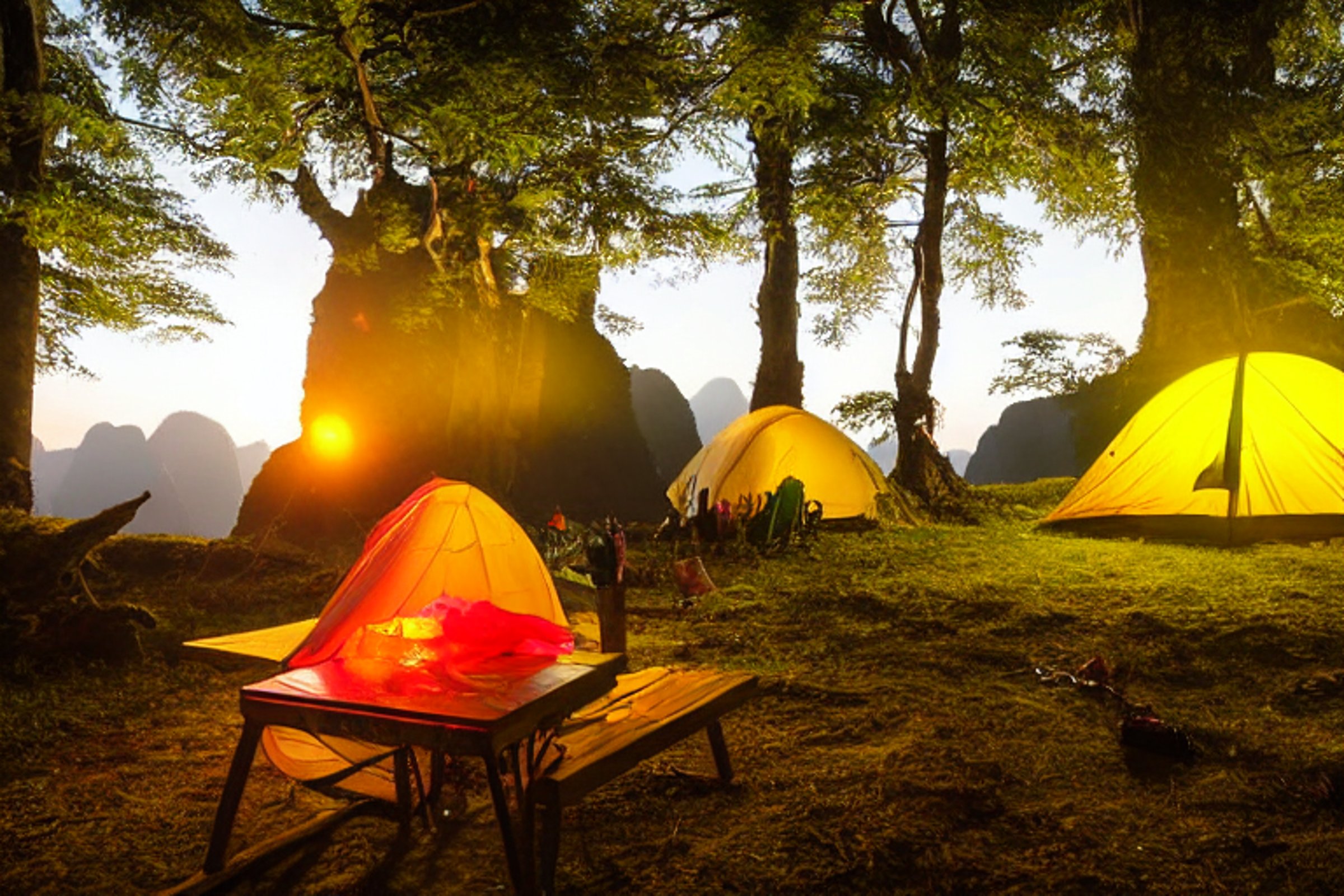 A colorful tent rests beside a warm campfire on a dirt patch in Halong Bay. Small trees, a picnic table, and hikers surround the campsite as the sun sets under a clear sky. The tent glows softly from within, making the scene feel cozy and peaceful.