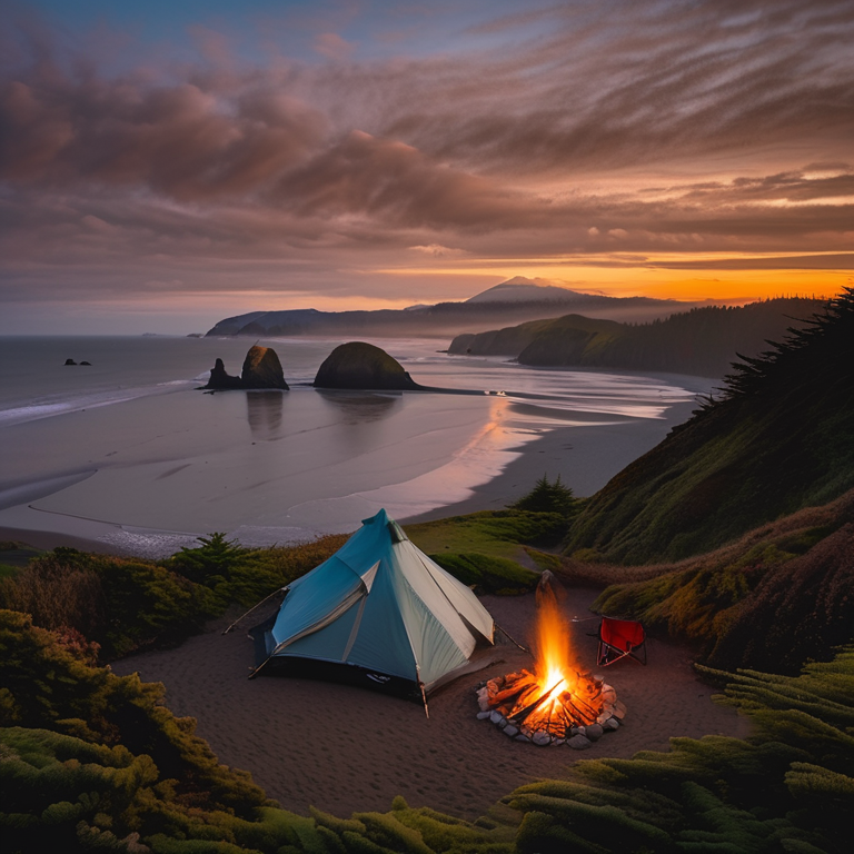 A cozy campsite rests on Cannon Beach beneath a soft, snowy dusk sky. Hikers gather near the glowing campfire, while a tent, wooden guitar, and smooth stone patches sit on the sandy ground.