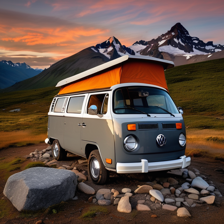 A gray and orange campervan rests on a quiet dirt campsite in the Alaska wilderness. Large stones and logs circle a warm campfire, while the setting sun glows beneath a clear sky and a distant moon.