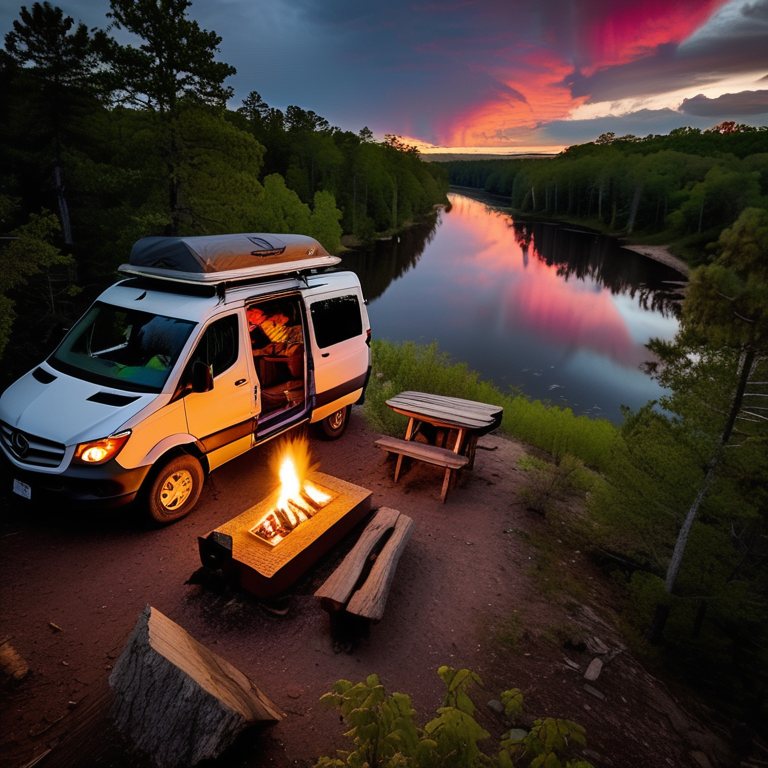 A cozy van campsite rests beneath a stormy night sky in the Ozarks. A bright campfire glows beside a large log, camping gear, and a dirt trail. Green auroras shine overhead while berry bushes sway in the dark.