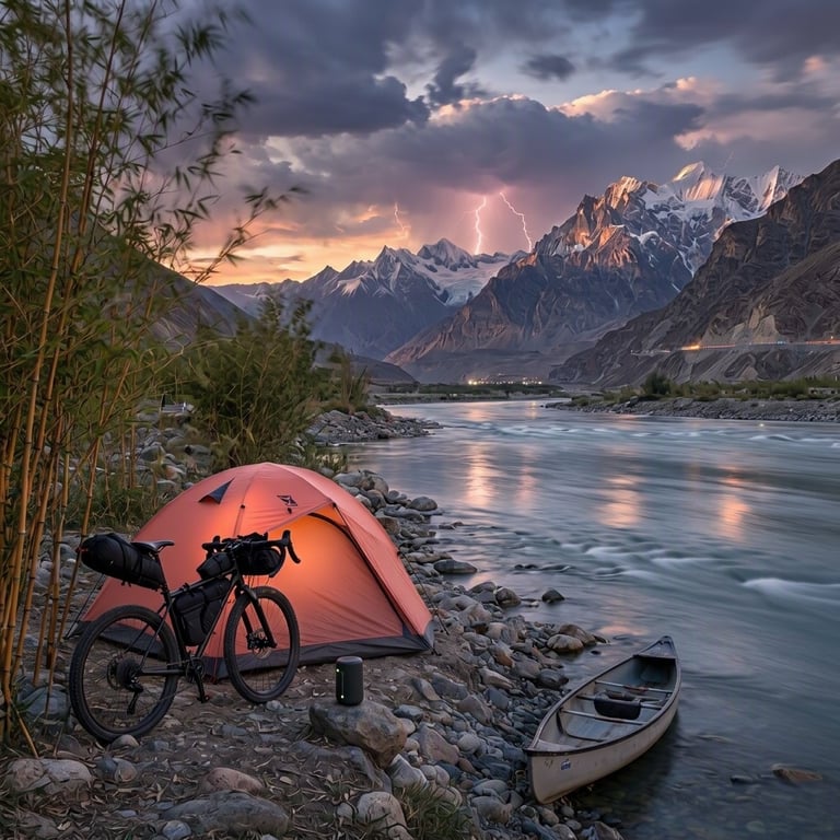 A coral tent rests in a quiet bamboo grove beside the smooth Indus River. Warm evening light shines on the rocks, bicycle, and canoe, while tall Karakoram mountains rise beneath distant storm clouds.